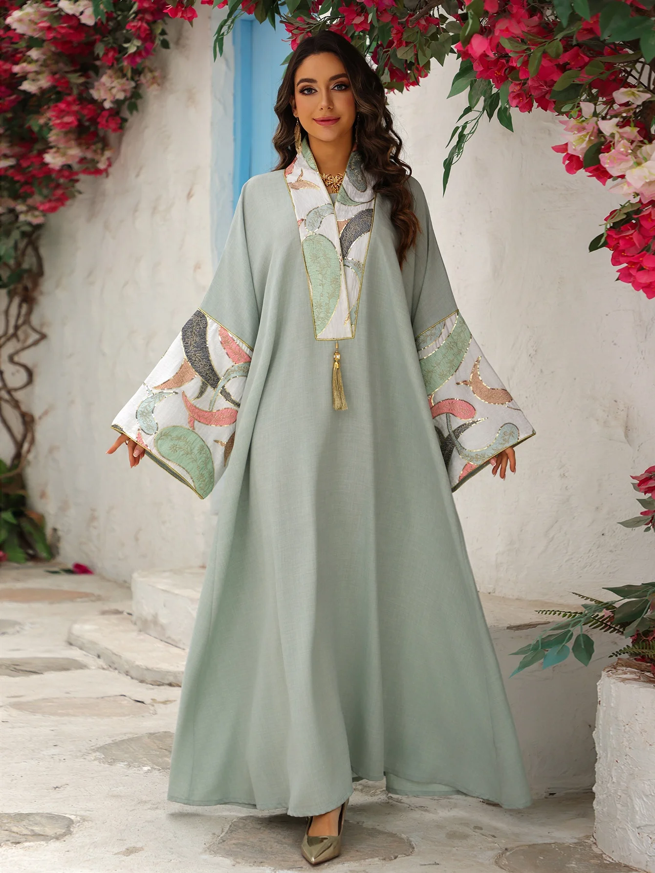 evening kaftan dress Turquoise Striped Poly Knit Plus Size Evening Kaftan Dress For Women