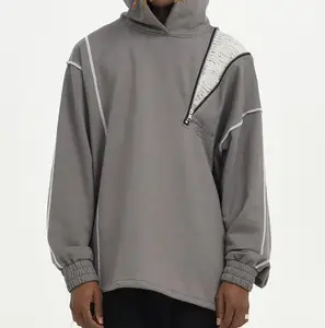 Men's Trendy 100% Cotton High Street Sweatshirt Hood Custom Print Patchwork Design Hoodie Top-Stitching Loose Fit Windproof