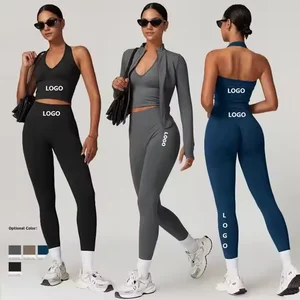 Bnice Custom Leggings Women Sports Wear Zipper Jacket Halter Sports Bra Sexy Backless Vest Yoga Pants Set Active Wear Set Shorts