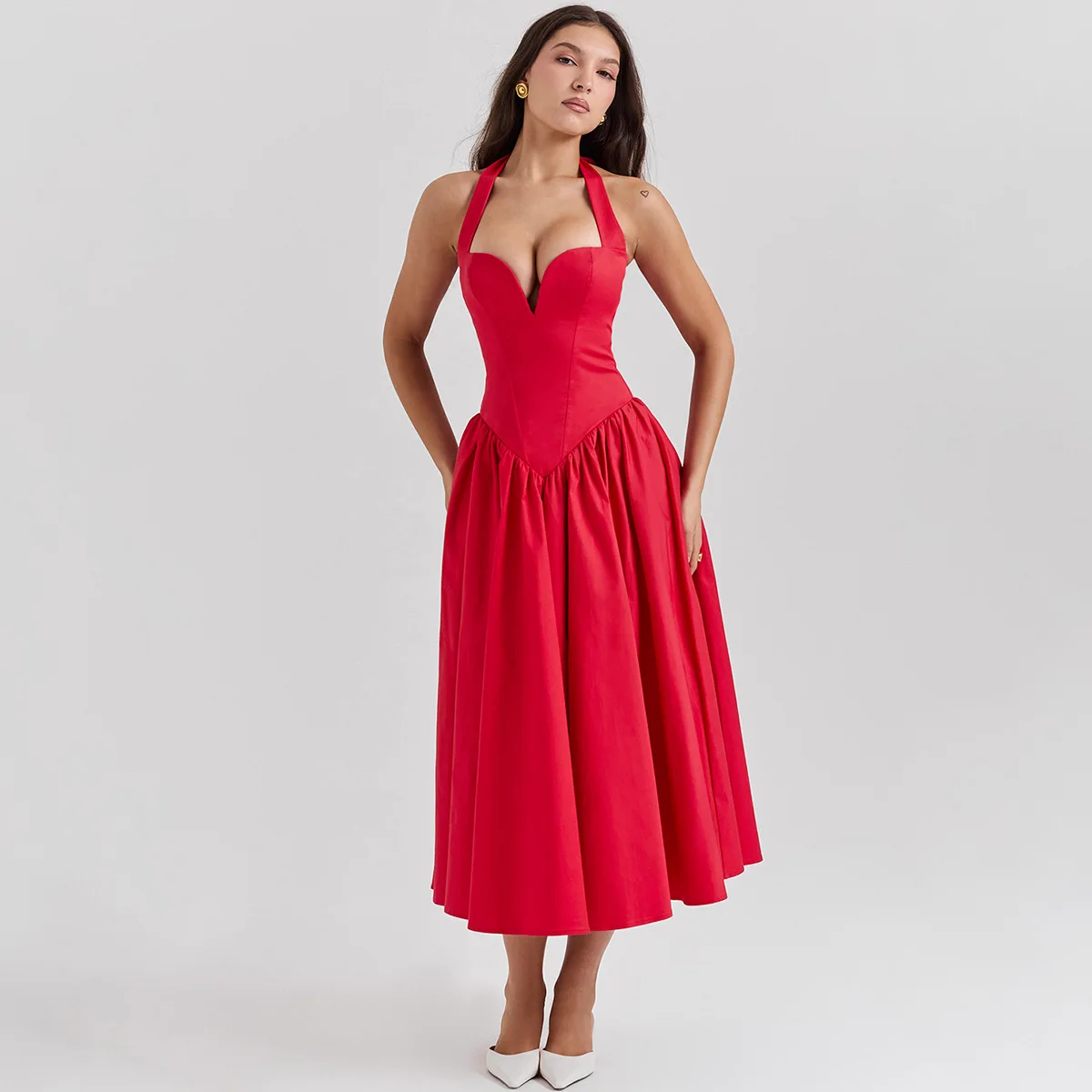 white christmas dresses Casual Halter Neck A-Line Dress Sleeveless Belted Swing Pleated Cockta main image 1