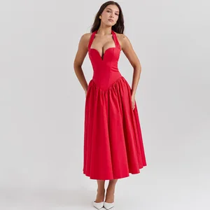 Luxury Summer Women Halter Dress 2026 Red Elegant Fit and Flare Birthday Dress Long Casual Sexy Dress Female Clothing 2958