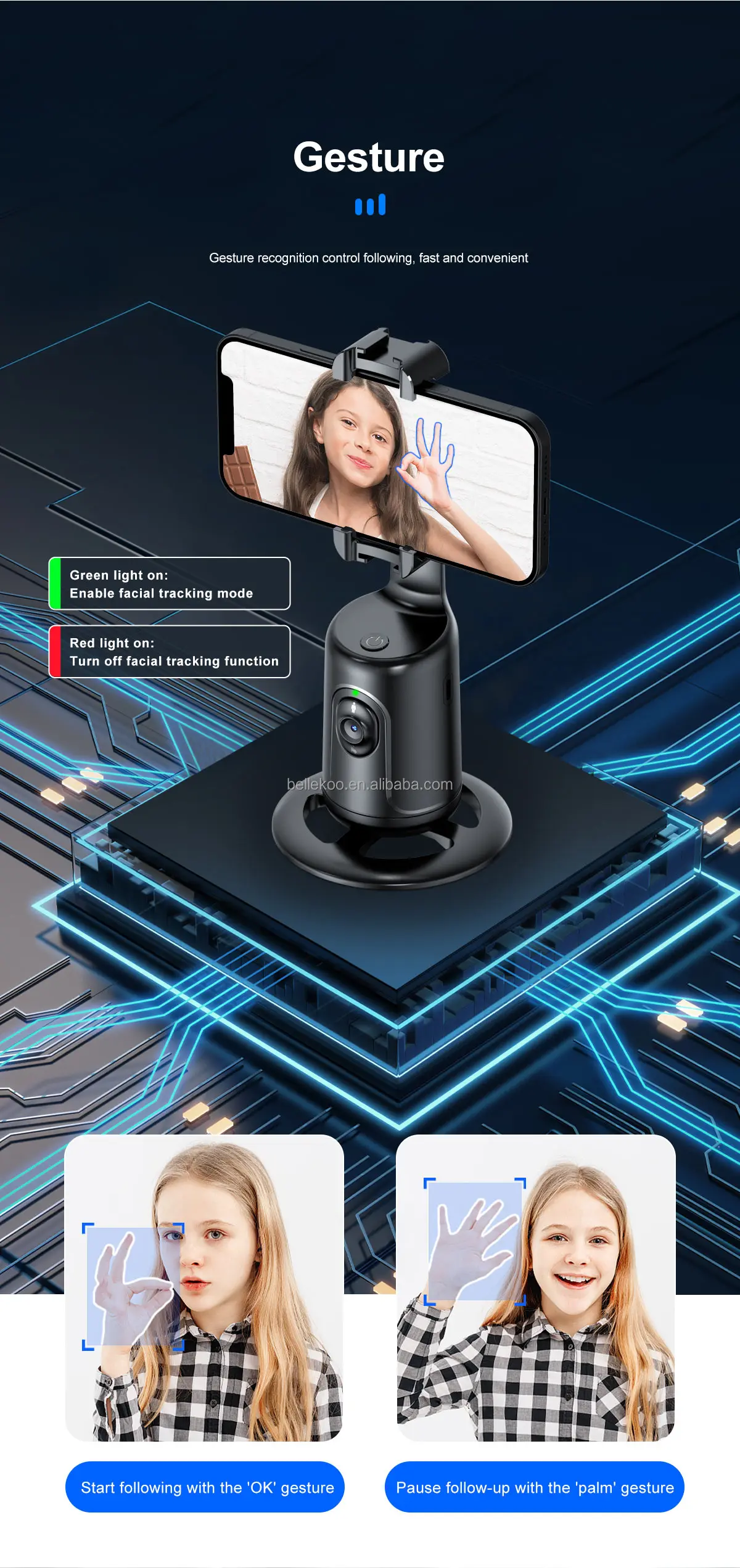 360 Rotate AI Smart Auto Motion Follow Face Tracking Stabilizer Phone Gimbal for Live Streaming Vlog Video Making