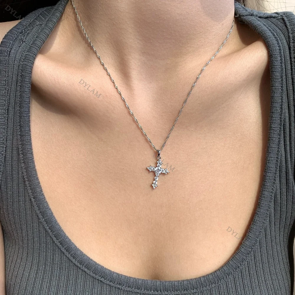 KAKODIY Sterling Silver Jewelry Simple Crystal Pendant Women's Necklace Zirconia Jewelry Couple Exquisite 925 Sterling Silver Cross Necklace detail 6