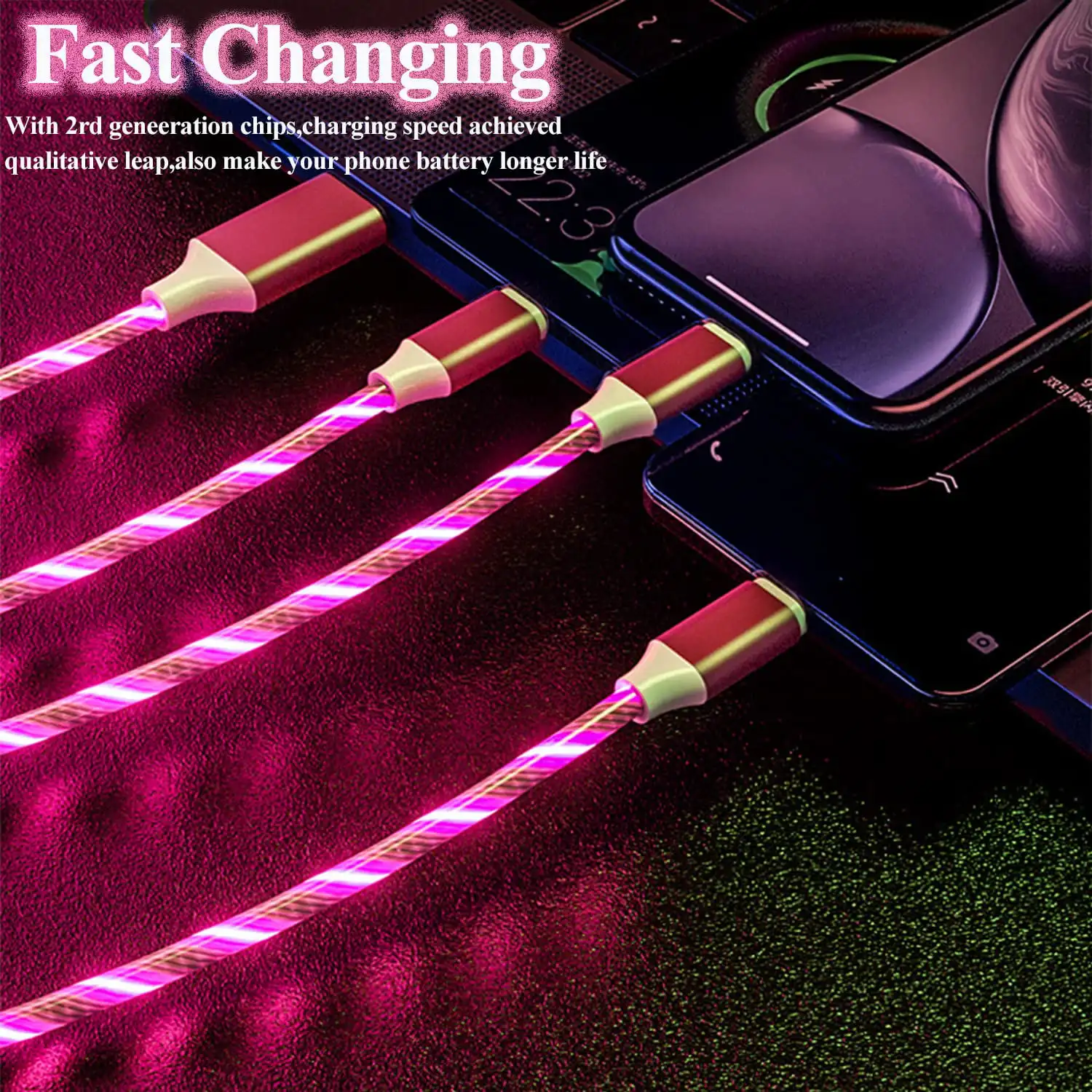 3 1 Durable Charging Cable Fast LED Flowing Light Charger IOS Type C Micro USB Android 5A Current Nylon Jacket Braid Shielding