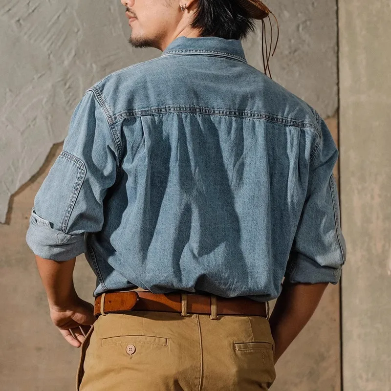 American Retro Western Cowboy Shirt Men Amekaji Long Sleeve Casual Denim Workwear Washed Tough Guy Jacket