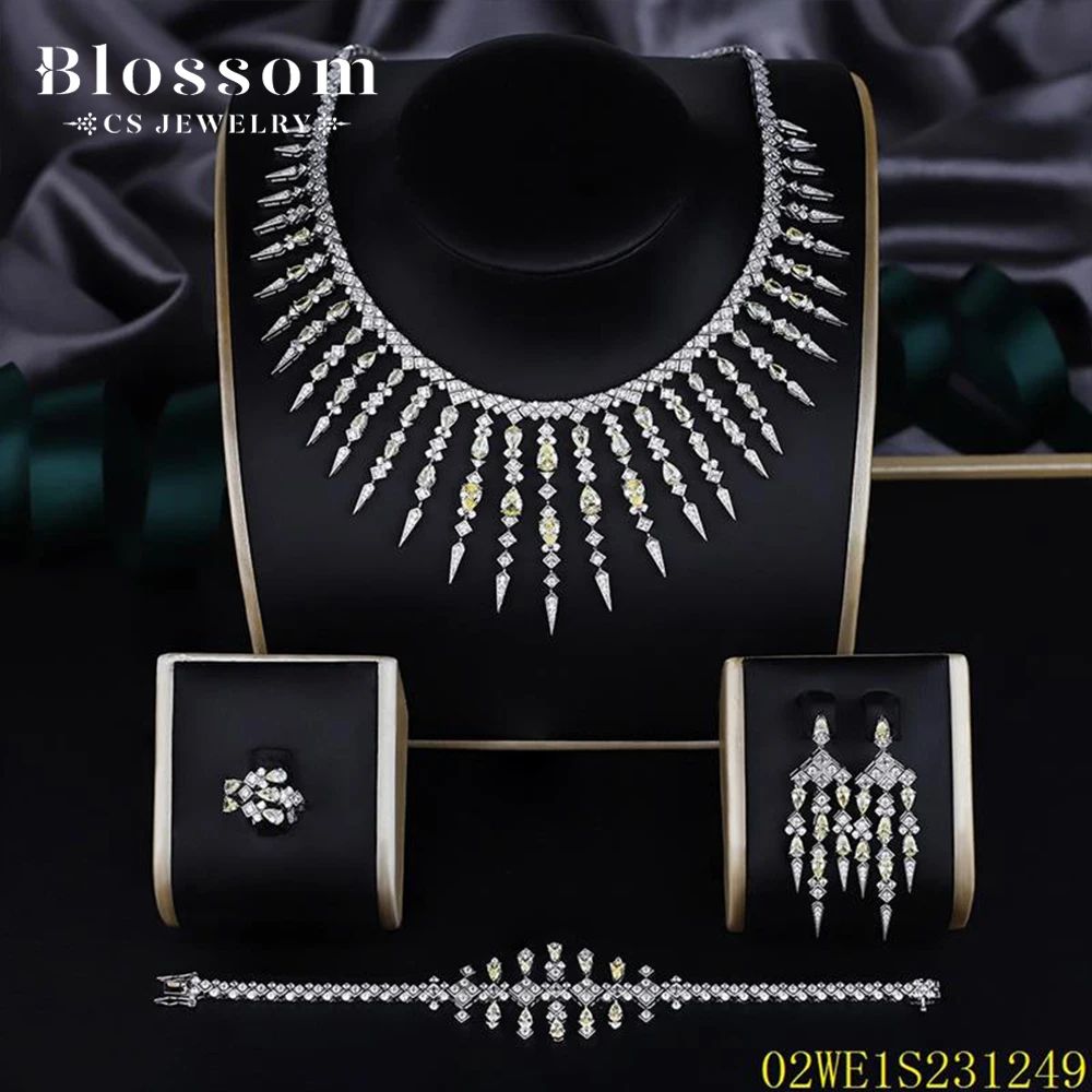 Blossom CS Jewelry Dubai Style 925 Silver Luxury Tassel Bridal Set Canary Yellow & White CZ Wedding Jewelry for Women Wholesale