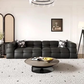Italian Minimalist Black Cowhide Living Room Sofa Set Straight Row Furniture Sofa with Modern Design