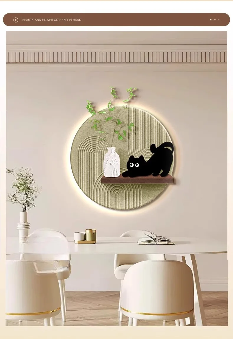 Round Textured Wall Decor With 3D Cats Wooden Shelf Minimalist Wabi Sabi Neutral Beige Home Living Room Kitchen Entryway