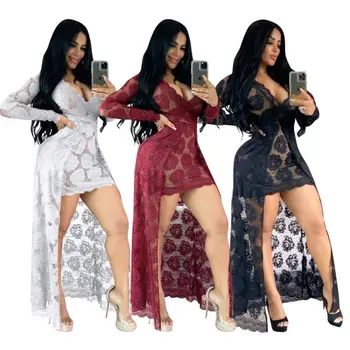 Womens Long Sleeve Lace Dress Maxi Mesh Bodycon Sexy White Black Red Transparent Lace Deep V Dresses For Women