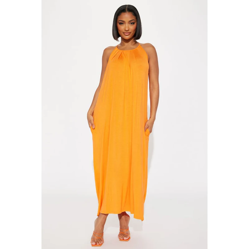 OEM Factory Custom Style Size Sleeveless Spaghetti Straps Side Pockets Tie Back High Stretch Women's Midi Length Casual Natural