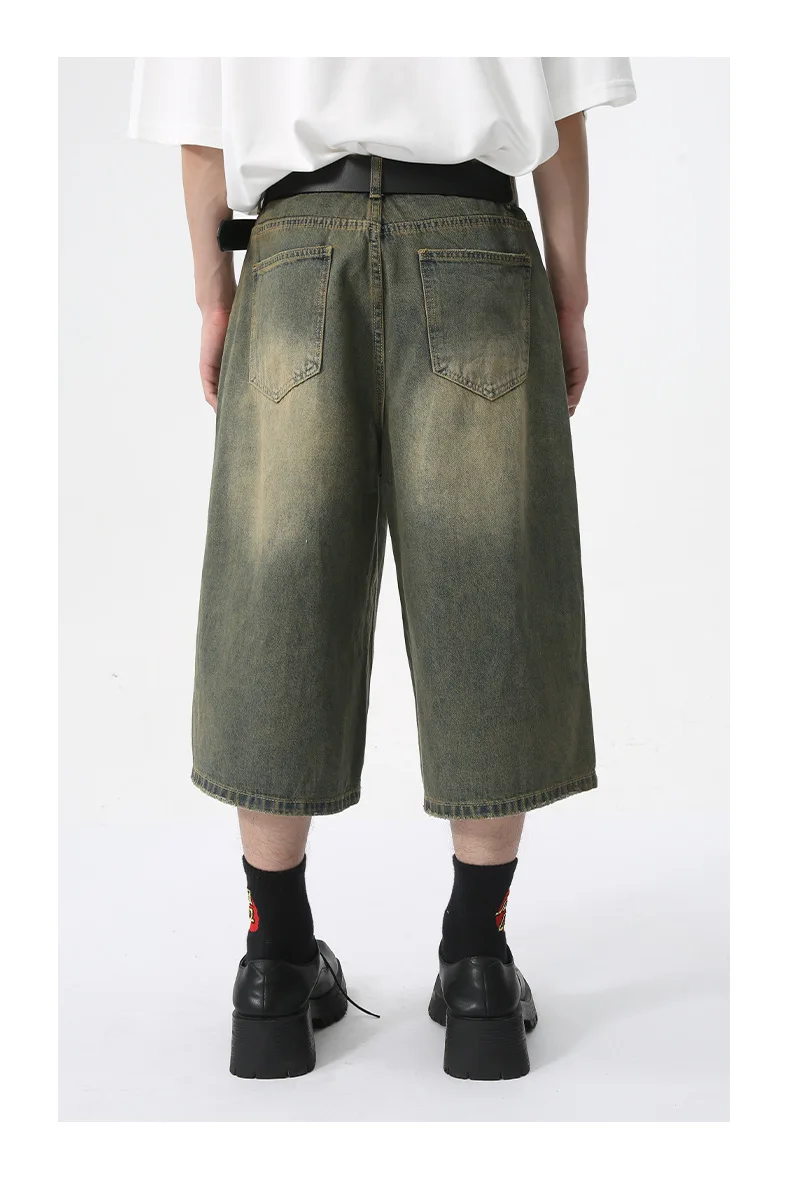 Pantaloni estivi dritti larghi da uomo, retrò, verdi, a gamba larga, drappeggiati, pantaloncini in denim corti, jeans larghi da uomo_voghion.com