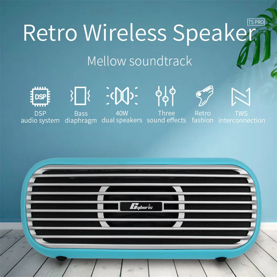T5 Pro Speakers Storage Clearance 40W Power Retro Style Classical Blue Tooth Wireless Boombox