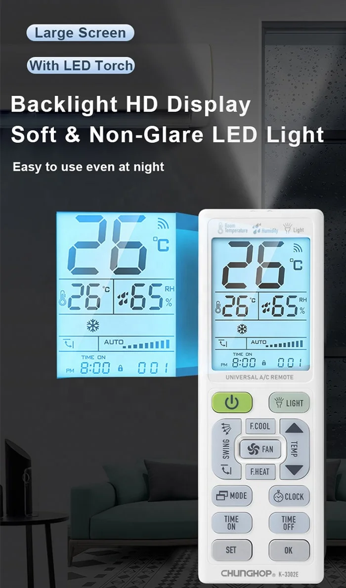 K-3302E Customized Universal Global Smart Lcd air Conditioner Remote with Humidity and Temperature Monitoring