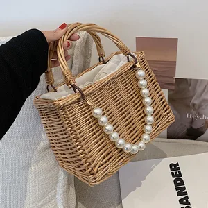 KALANTA Square Woven Straw Bags for Women Summer Pearl Chain Handmade Rattan Beach Travel Female Shoulder Casual Tote Handbags