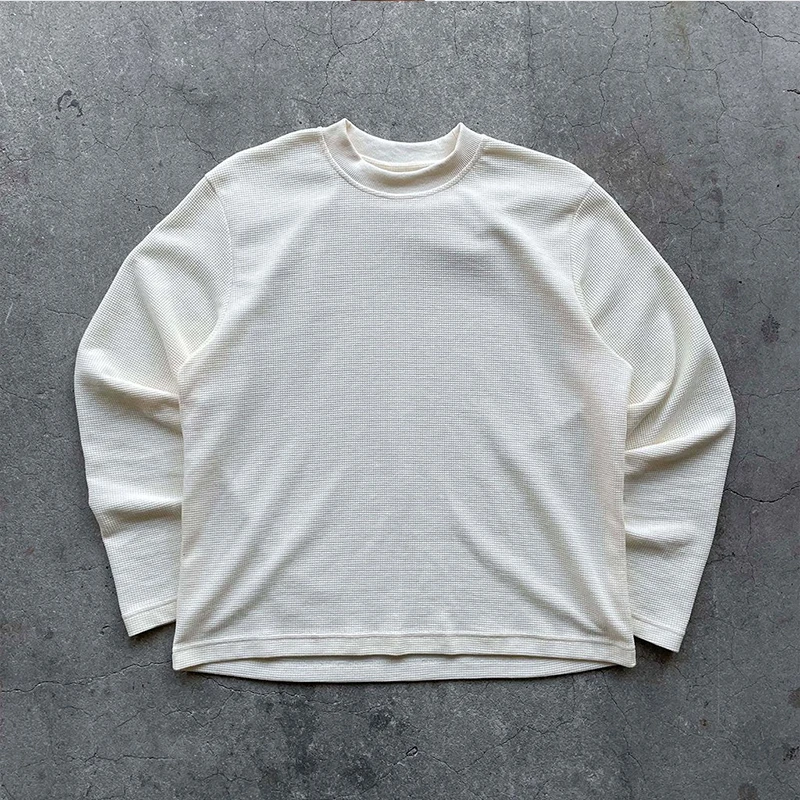T-Shirt Wafel Lelaki Premium Disesuaikan, Leher Bulat, Potongan Longgar, Berlengan Panjang, Bahan Kapas 100% Berat, Baju Termal Bahu Jatuh