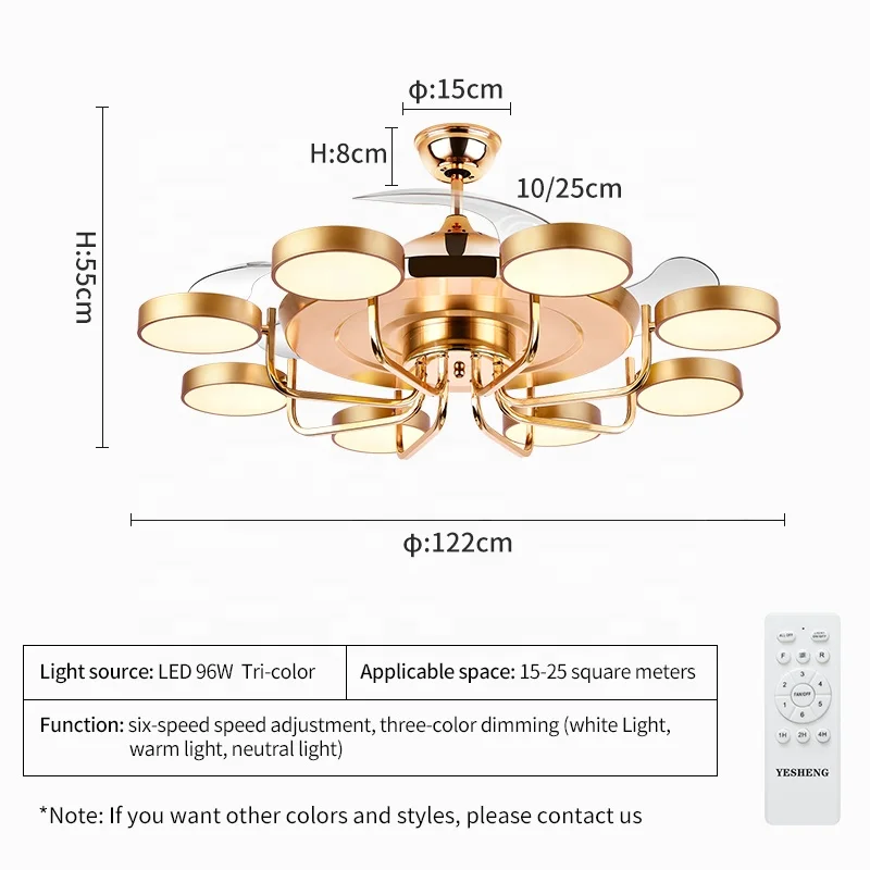 763B 48 Invisible Ceiling Fan Lamp Remote Control Dimmable Led Chandelier Light