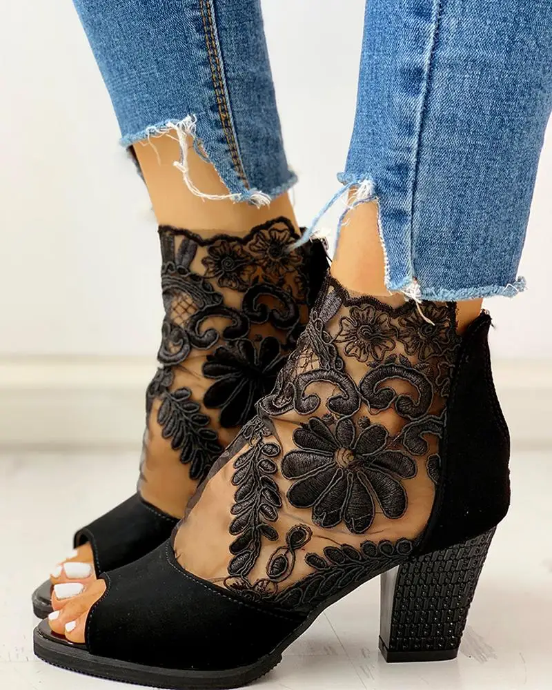 Lace mesh insert chunky heeled boots Clearance