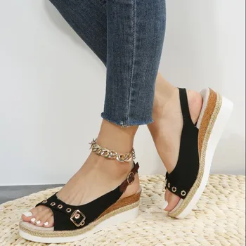 Cross-Border Summer Fashion Fish Mouth Beach Sandals Large Size One-Word Button Muffin Platform Height Increasing Feature