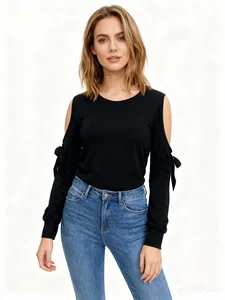 Women's Slim Fit Elegant Round Neck Cold Sleeve Bow Tie Cut Out Knitted Rayon Spandex Solid Summer Fashion Top