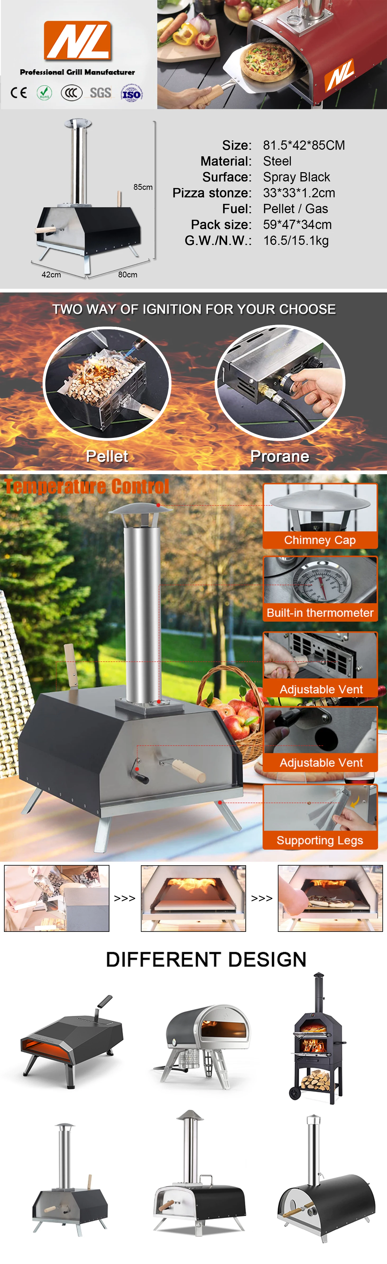 16" Pizza Oven Wood Fired 500 Portable Pellets Pizza Stove Charcoal Gas