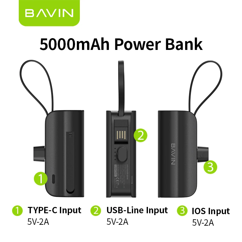 BAVIN PC013 5000mah Mini Fast Charging Power Bank With Built-in USB  Charging Cable And Phone Stand for iPh