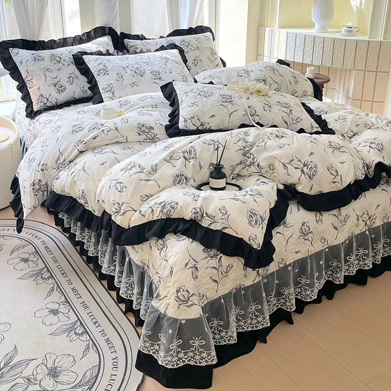 New Style Home Use Printed Bedding Set Three Piece Korean Lace Duvet Cover Set Luxury