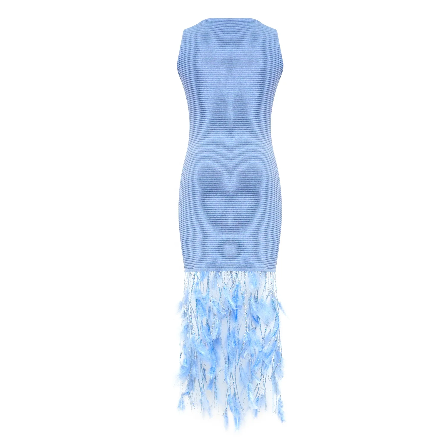 Custom High End Premium Chic Evening Haute Couture Dresses Luxury Elegant Feather Fringe Hem Sleeveless Bodycon Knit Dress
