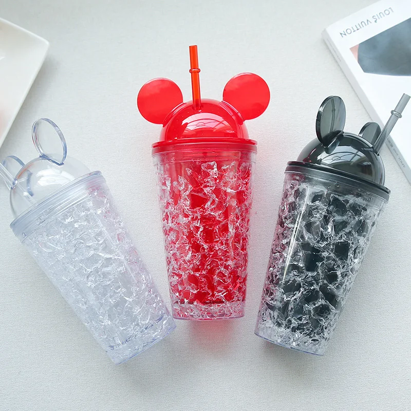 Wholesale 2022 Cute cartoon 3D Mouse Ear Colorful water cups Acrylic Mickey  Tumbl plastic cups with straw for kids From m.