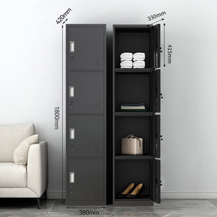 Black Steel Four Door Locker for Gym, Office, and Dormitory Storage