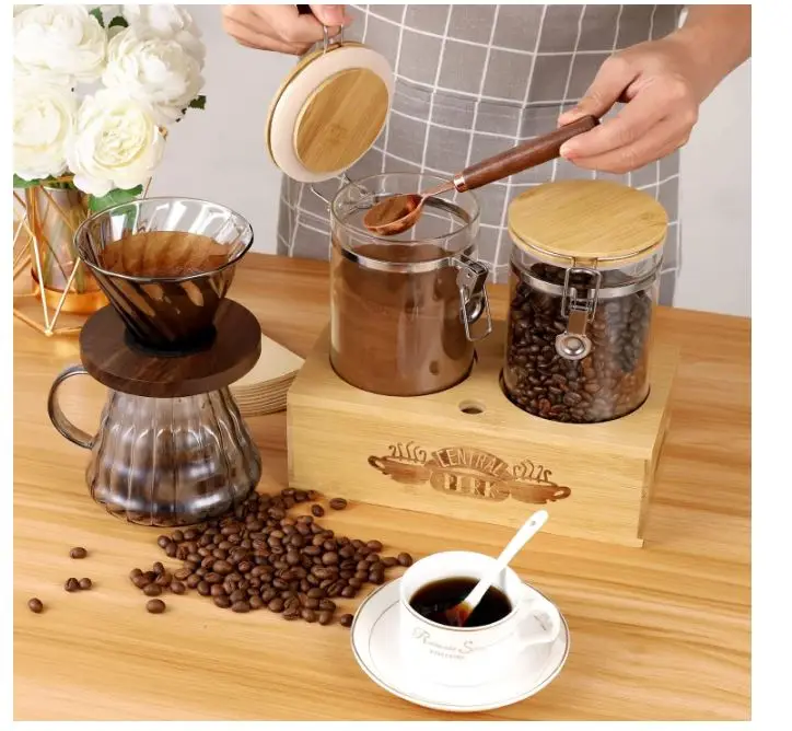 Glass Coffee Containers With Central Perk Shelf, 2pcs 49oz Coffee Grounds Container With Spoon and Funnel, Coffee Canister