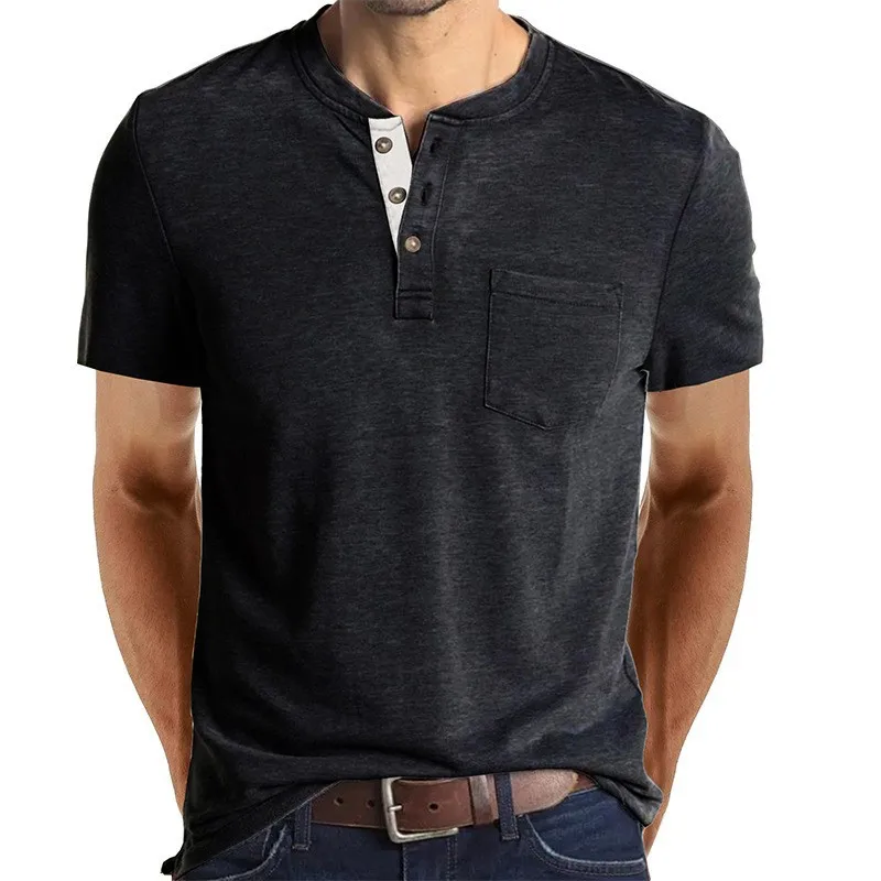 2023 Summer new button men's short sleeve t-shirt solid color loose collar polyester t shirt261_voghion.com
