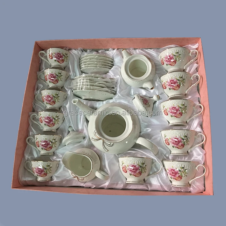 24pcs Modern Tea Cups And Saucer Set Royal Rose Gold Line Embossed Floral China Porcelain