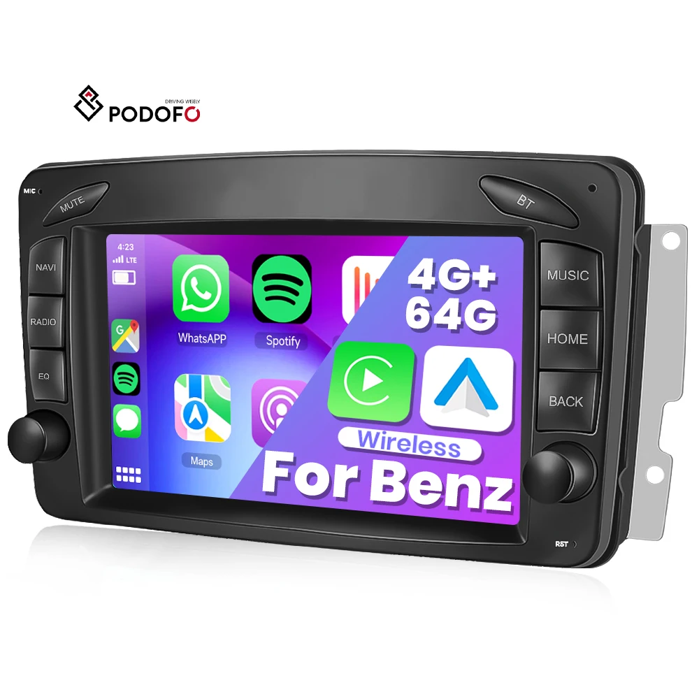 Podofo Android Araba Radyosu 4+64 GB 7 inç Kablosuz CarPlay Android Auto GPS WiFi FM RDS Mercedes-Benz/CLK/W209/E-W210/C Sınıfı/W203/SLK/W170 İçin A3898
