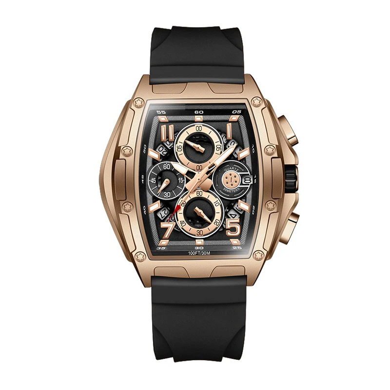 Watch for Men Automatic Skeleton Mechanical Square Big Face Dial Watch with Silicone/Fluoroelastomer Watch Bands
