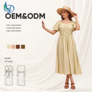 Women's Casual Dress with Bubble Sleeves,  Solid Color, Natural Waist, Washable in Summer