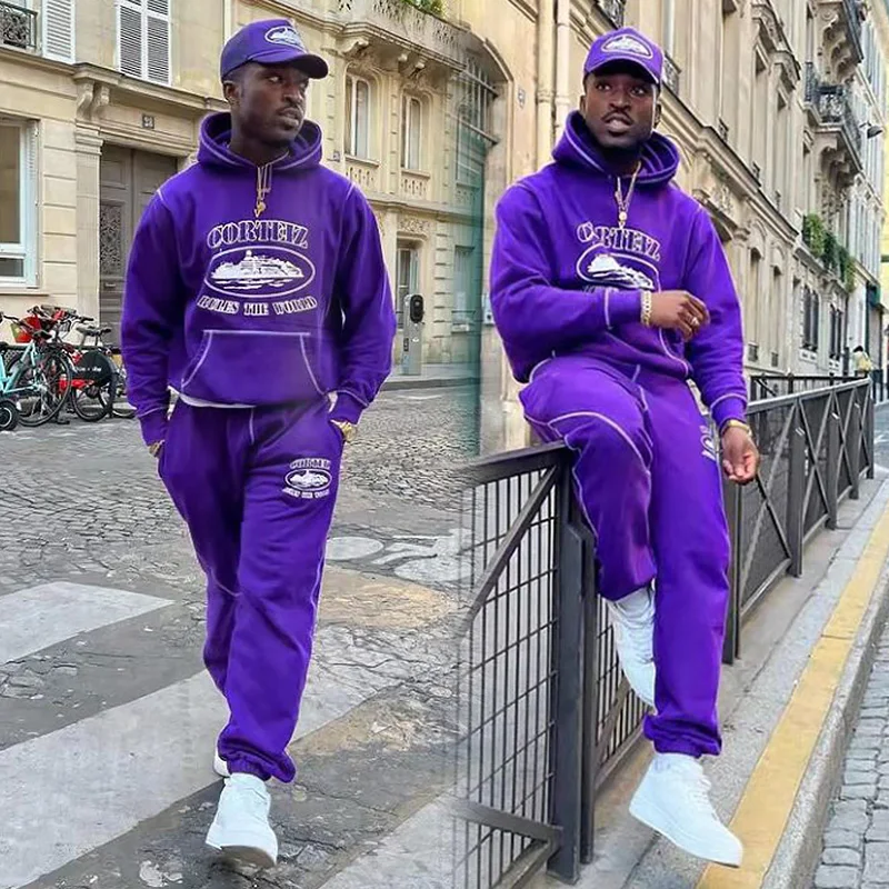 Custom Contrast Stitch Hoodie and Sweatpants 2pc Print Pullover Tech Fleece 100% Cotton Oversized Streetwear Sport Tracksuit Set gallery 2