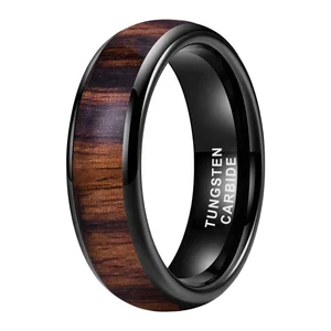 Coolstyle Jewelry 6mm Koa Wood Inlay Polished Shiny Domed Black Tungsten Ring for Men Women Engagement Wedding Band Comfort Fit