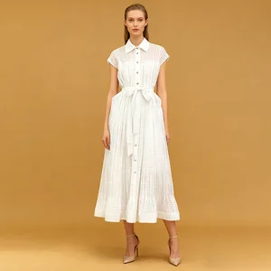 New Stock Arrival Women's Elegant Lapel Hollowed-Out Pattern Short-Sleeve Tie-Waist Solid Color Midi Dress