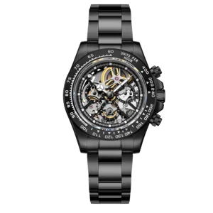DLC Black Stainless Steel Case Watch With Automatic Movement Steel Dive Wrist Watch Skeleton Dial With Super Luminous Markers
