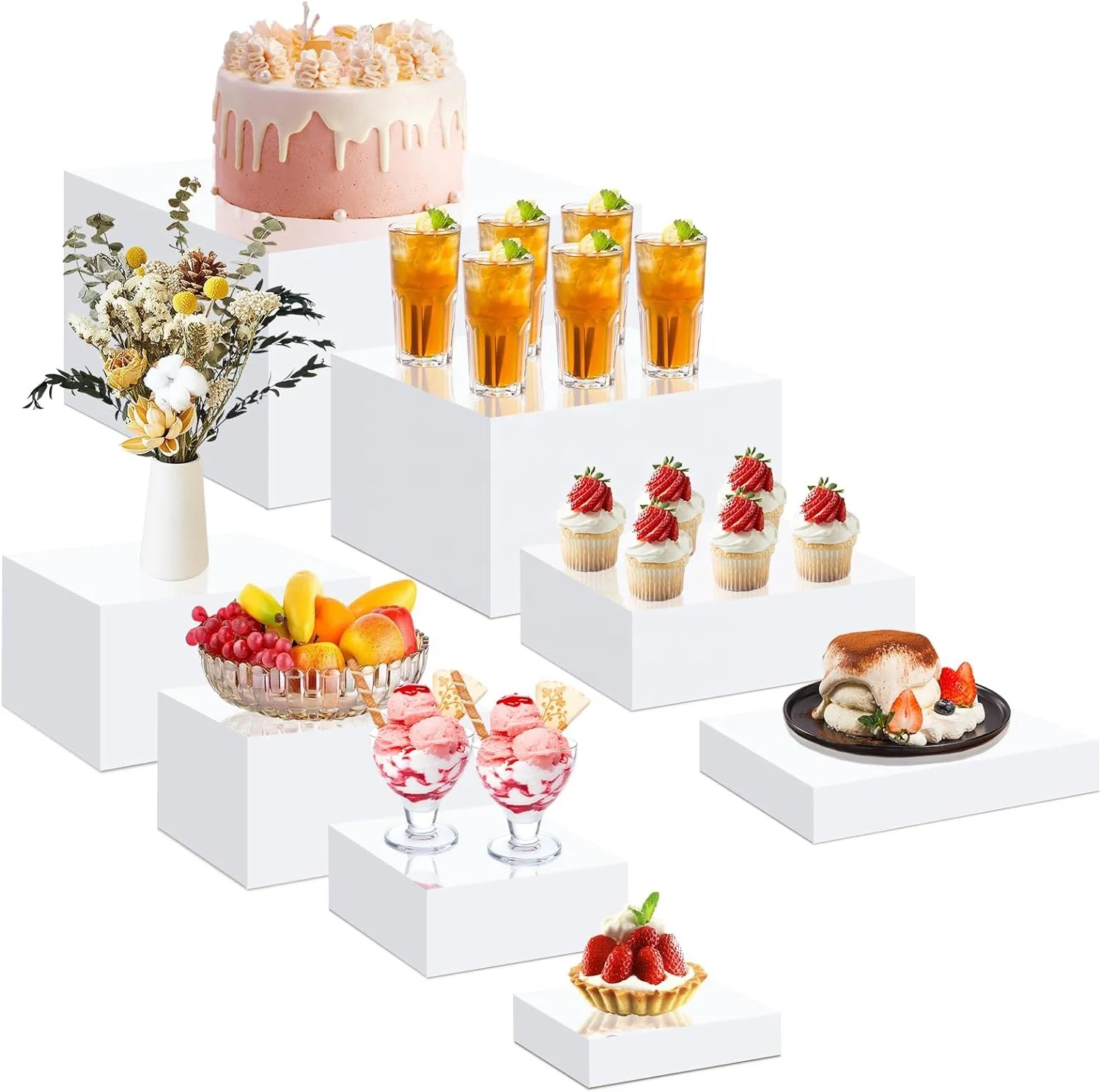8Pcs White Acrylic Riser for Display Cube Box Dessert Display Stand with Hollow Bottoms 8 Different Size for Wedding Party Decor