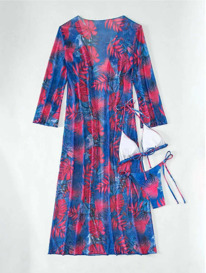 8Colors Ties Details Sexi Lady Basic Bikini Set Long Beach Kimono Print 3Pieces set Swimwear