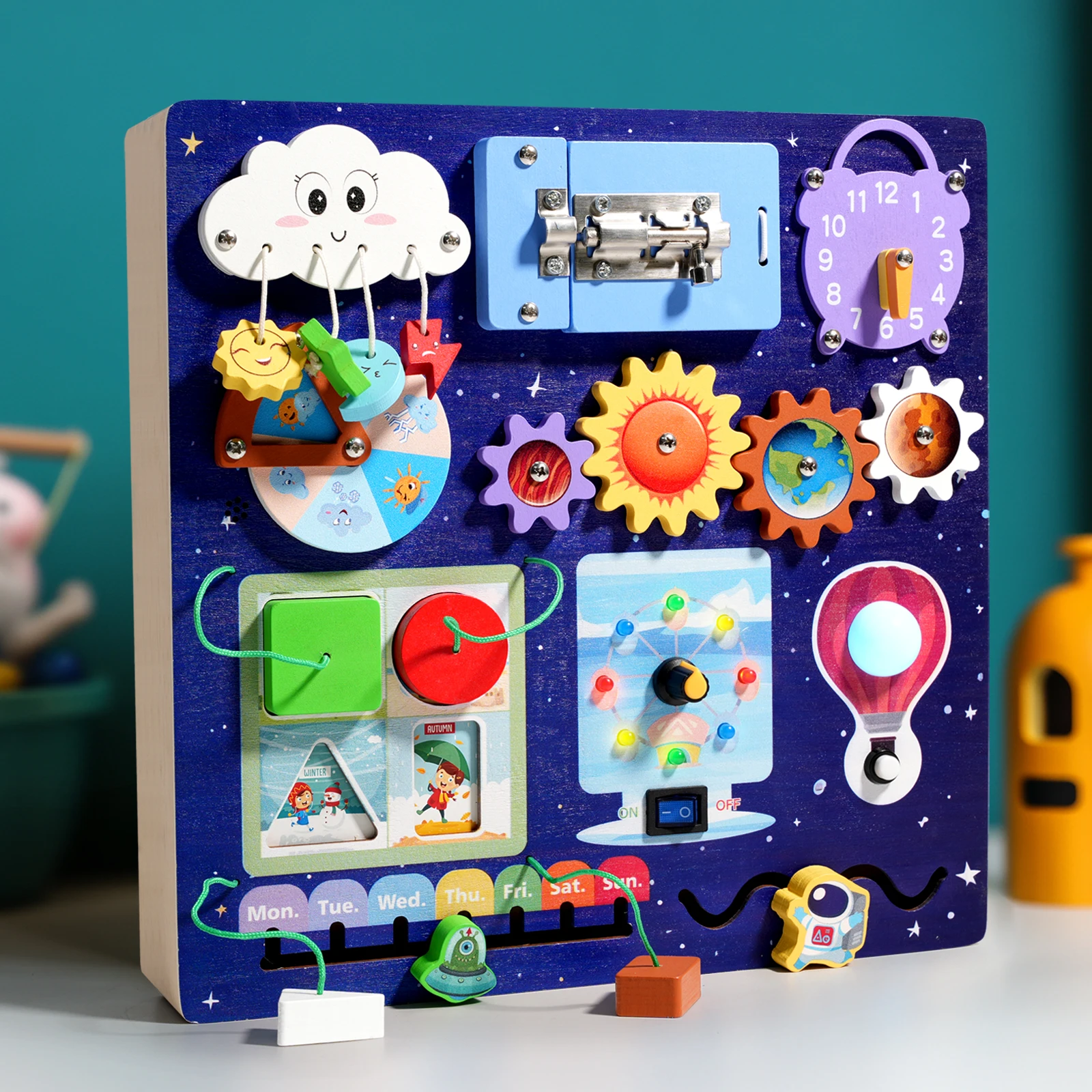 유아용 목제 자폐증 감각 활동 보드 몬테소리 교육 여행 완구 우주 날씨 인지 바쁜 보드 아기 선물