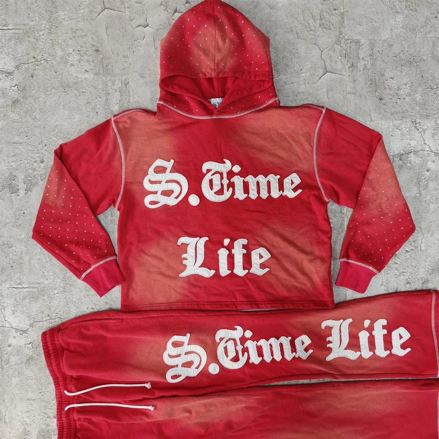 US Free Tax Custom Sticker Embroidery Distressed Patches Logo Streetwear Vintage Sun Faded Hoodie Sets Tracksuits for Men gallery 4