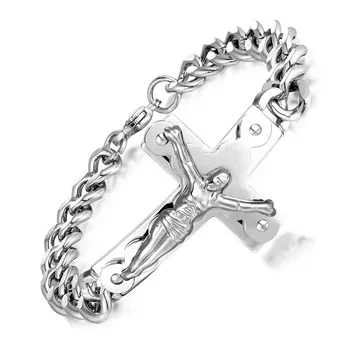 Religious Prayer Stainless Steel Cross Jesus Cuban Chain Men's Bracelet