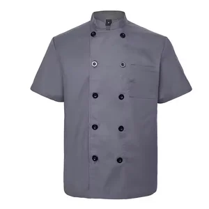 Custom Gray and Red Unisex Polyester Cotton Short Sleeve Chef Jacket Coat Uniform with Snaps Buttons Closure for Men