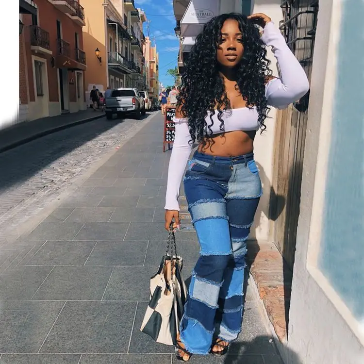 Pantalones Vaqueros De Talla Grande Para Mujer,Jeans Con Parte Inferior De  Campana De Retales De Cintura Alta,Jeans Lavados Acampanados Populares De  Primavera 2021 - Buy Más El Tamaño De Las Mujeres Pantalones