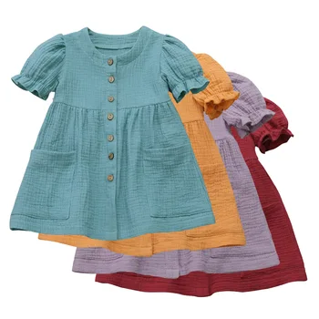 Wholesale Cotton and Linen Short Sleeve with Bow Kids Summer Girl Dress