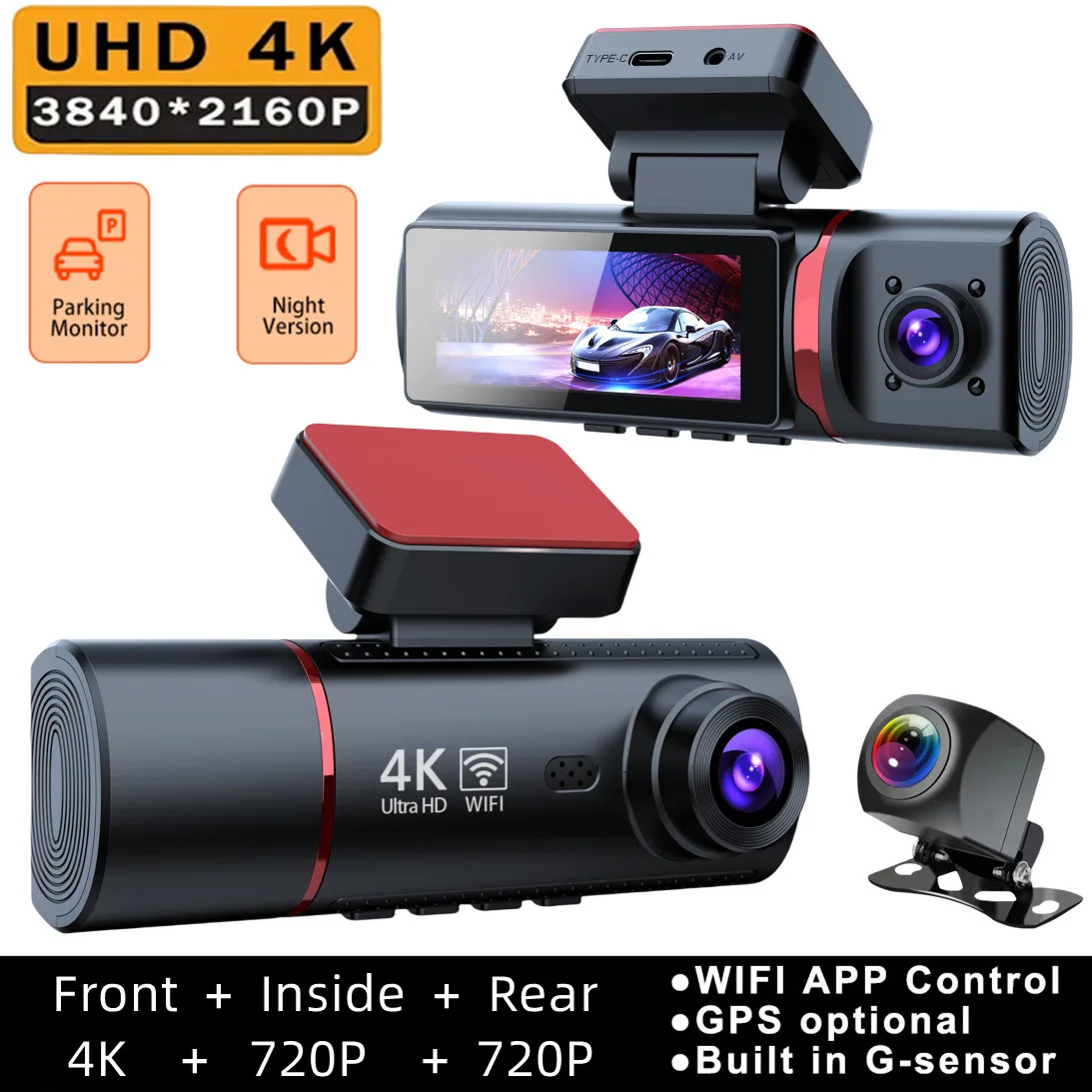 Dashcam 4 Canaux 2K Avant/arrière/intérieur - écran 3", WiFi, Vision Nocturne, Parking 24h