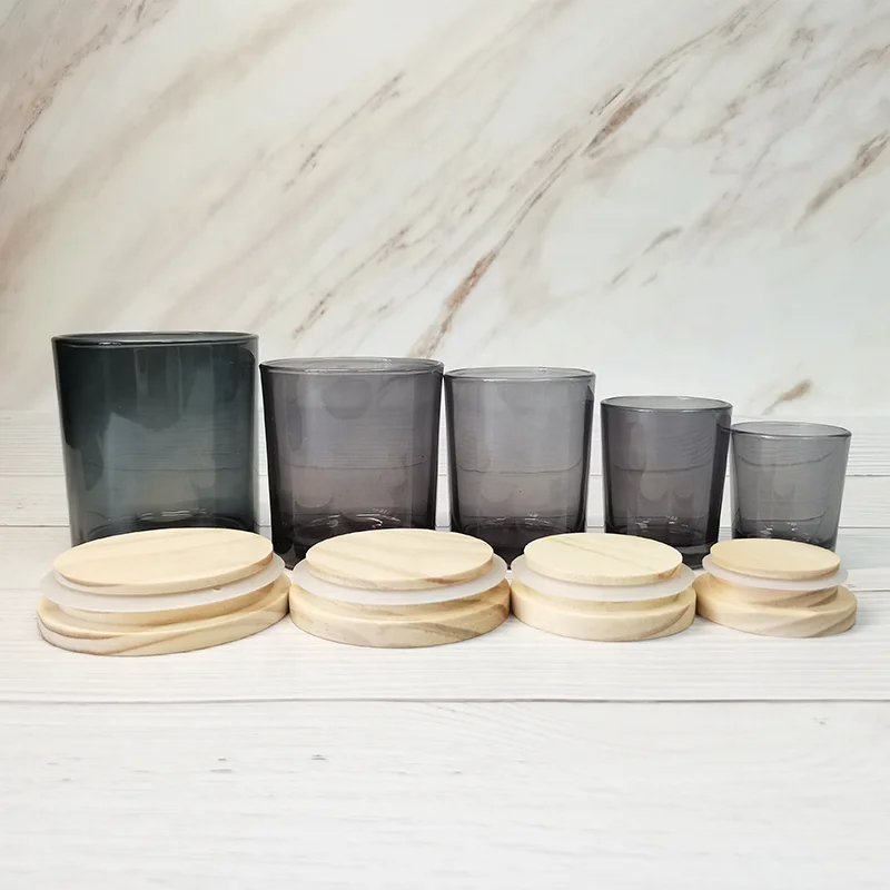 Wholesale Smoke Grey Candle Jar Custom Logo Scented Candle Container With Wooden Lid Metal Lid For Candle Making