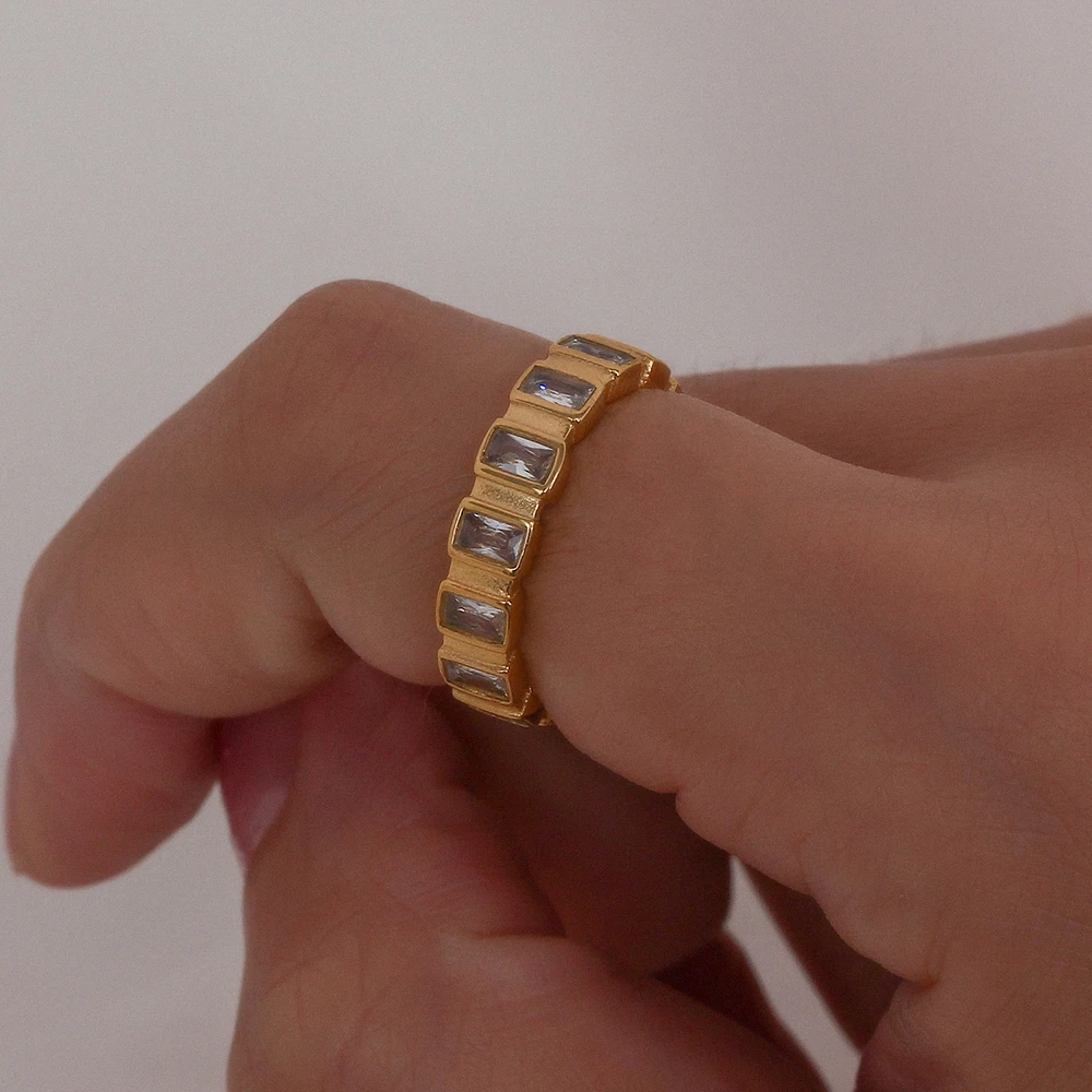 Simple Style 18K Gold Plated Stainless Steel Ring Square Diamond Stone Ring Jewelry for Women Jewelry
